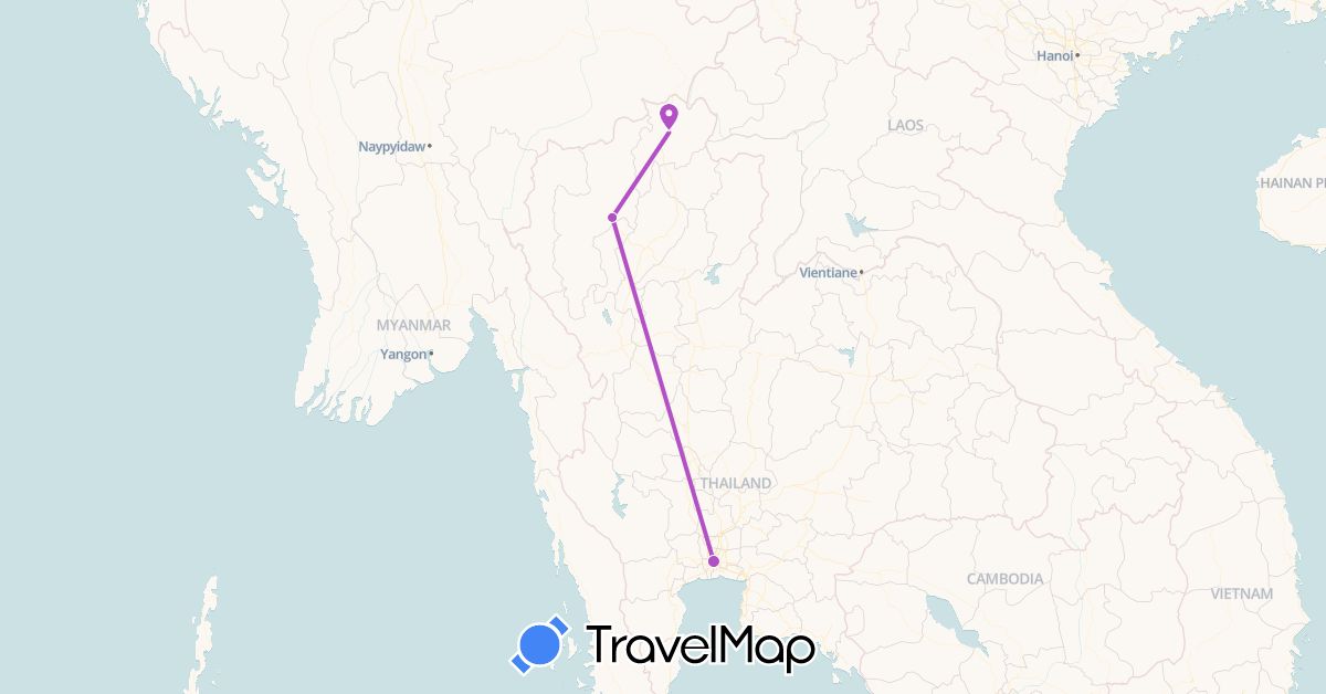TravelMap itinerary: plane, train in Thailand (Asia)